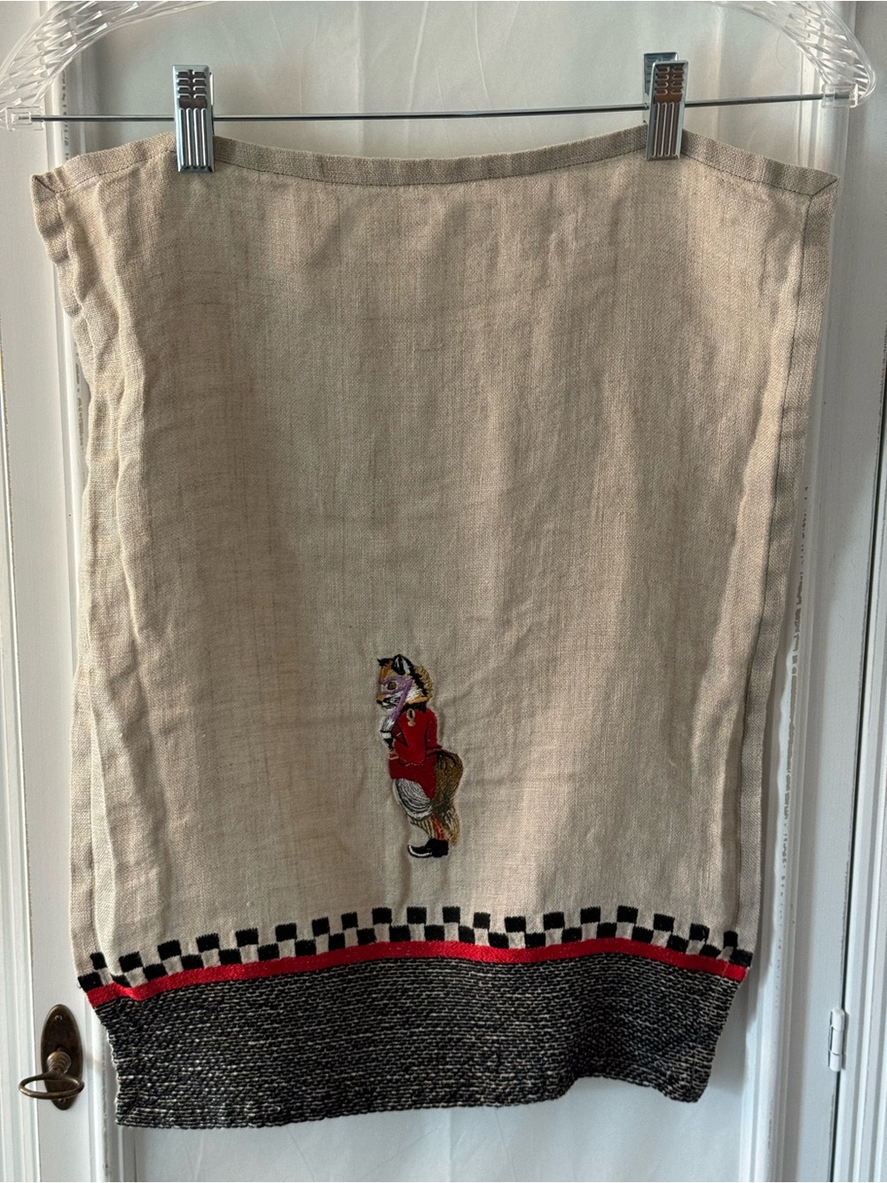Vintage MacKenzie-Childs Linen Dish Towel Embroidered Fox Red Coat